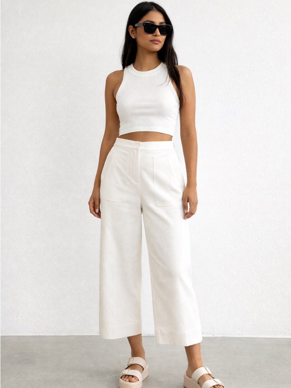 SPANX White Wide Leg Twill Cropped Trousers High Waist XL | Minimalist Neutral
